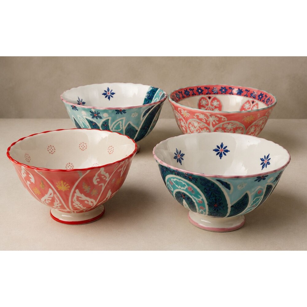 Anthropologie Set of 4 Hand Painted Footed Ceramic Bowls-Retired Mix & Match